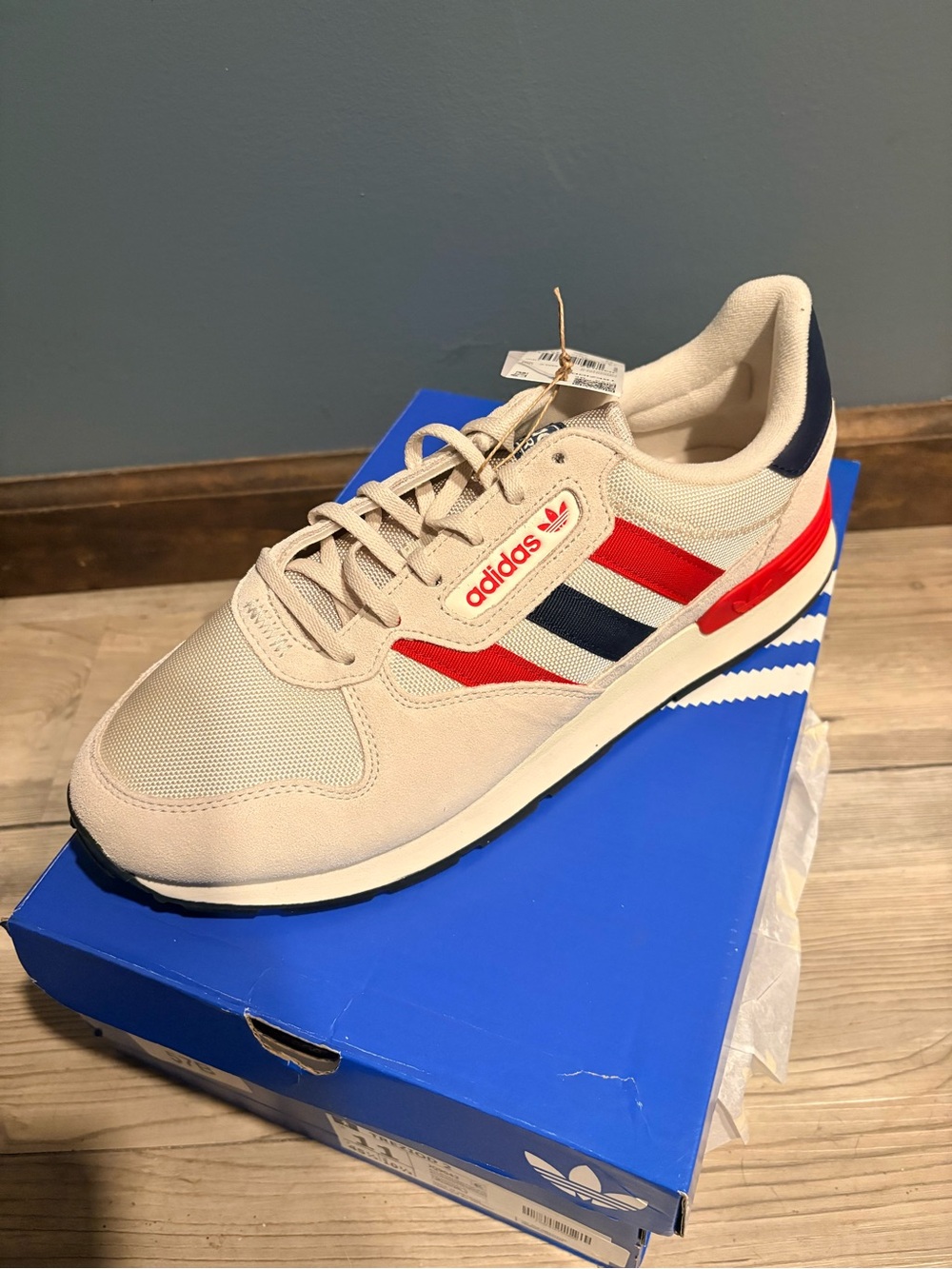 adidas Men’s Beige Sneaker with Red & Navy Stripes